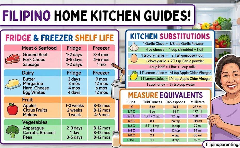 A combined thumbnail showing a Fridge and Freezer Shelf Life Guide, Kitchen Substitutions, and Measure Equivalents for Filipino homes.