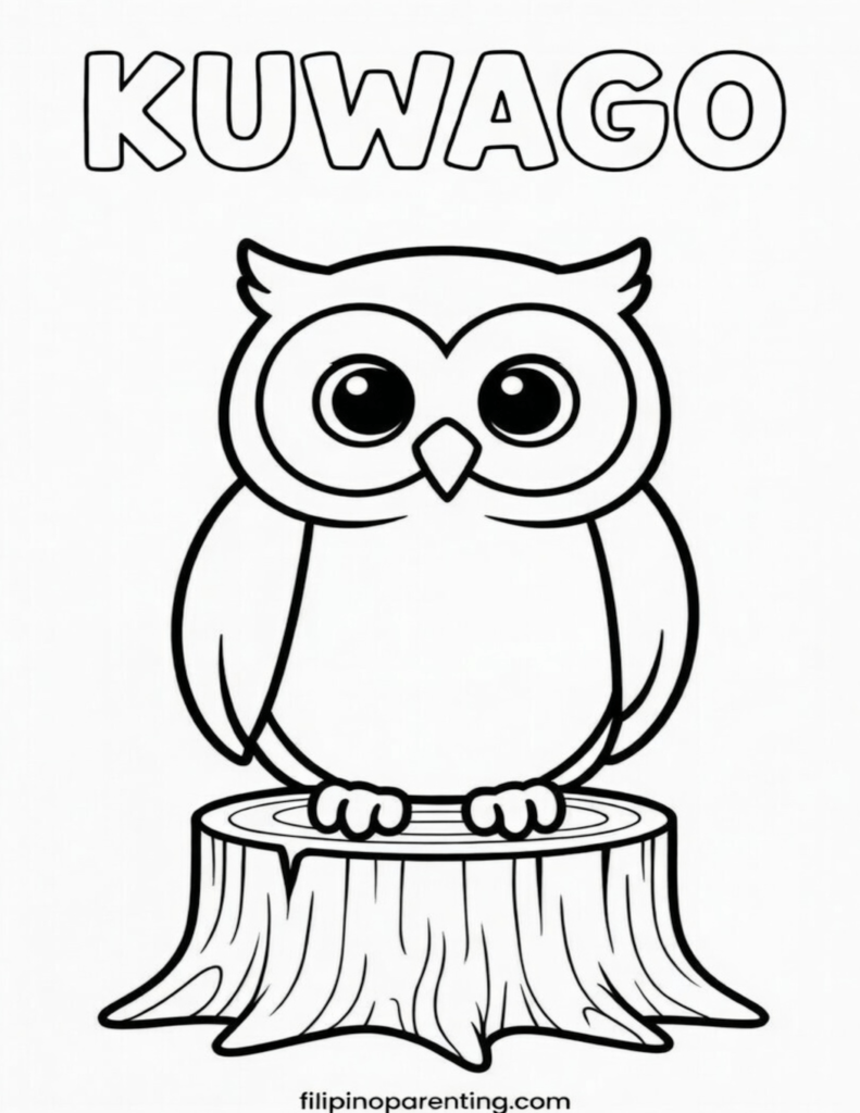 16 Free Philippine Bird (Ibon) Coloring Pages: Ultimate Heritage Guide Printable Kuwago (Owl) Tagalog vocabulary coloring page for families and language learners.