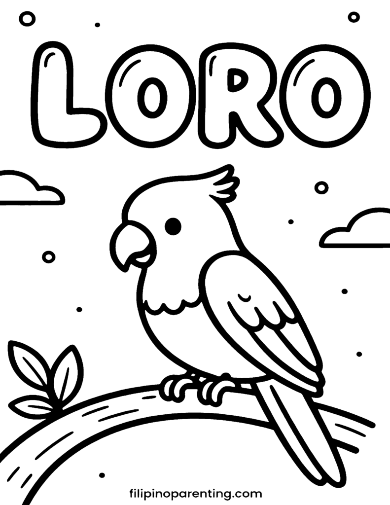 16 Free Philippine Bird (Ibon) Coloring Pages: Ultimate Heritage Guide Printable Loro (Parrot) Tagalog vocabulary coloring page for families and language learners.