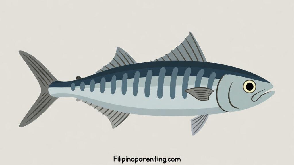 Mackerel in Tagalog (Alumahan): Master 12 Essential Example Sentences for Amazing Mackerel Mastery Flat design illustration of a Mackerel (Alumahan) showing its distinct vertical stripes and streamlined body for a Tagalog language guide.