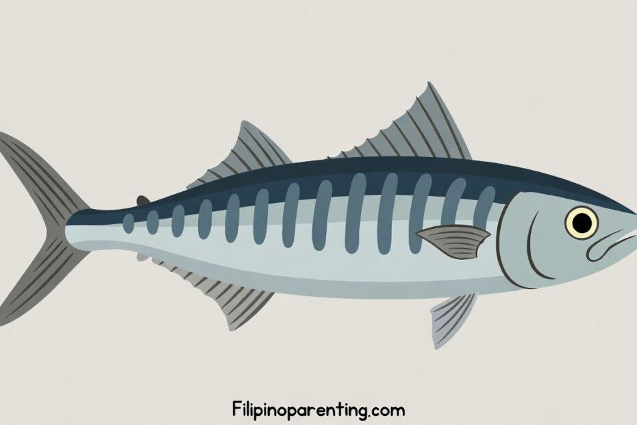 Flat design illustration of a Mackerel (Alumahan) showing its distinct vertical stripes and streamlined body for a Tagalog language guide.