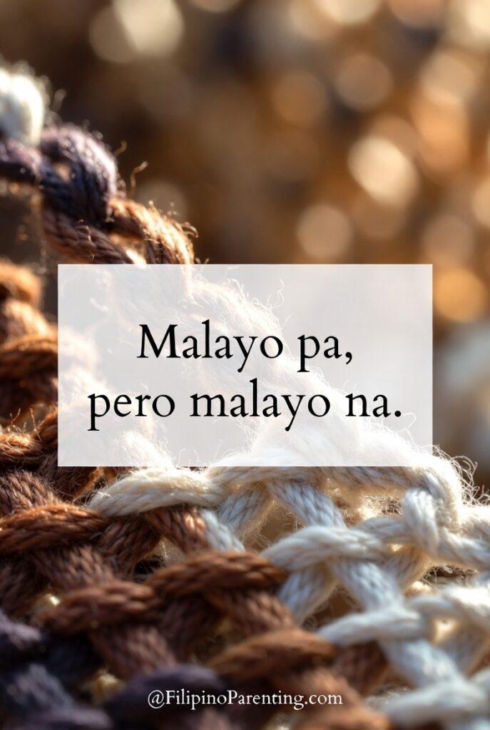 Powerful Tagalog Quotes: 6 Unstoppable Truths to Awaken Your Strength A macro, close-up shot of thick, intricately woven ropes in shades of brown, white, and tan, showing the strength of the interlocking fibers, with a white text box overlay reading "Malayo pa, pero malayo na." in a clean serif font.