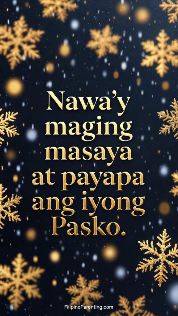 Maligayang Pasko Greetings: 50 Heartfelt Tagalog Ways to Say Merry Christmas Golden snowflakes and glowing bokeh lights on a dark blue background for Maligayang Pasko greetings and peaceful Tagalog holiday wishes.
