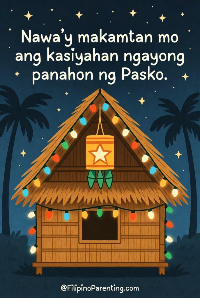 Maligayang Pasko Greetings: 50 Heartfelt Tagalog Ways to Say Merry Christmas Festive Bahay Kubo decorated with a Parol and colorful Christmas lights for Maligayang Pasko greetings and traditional Filipino holiday joy.