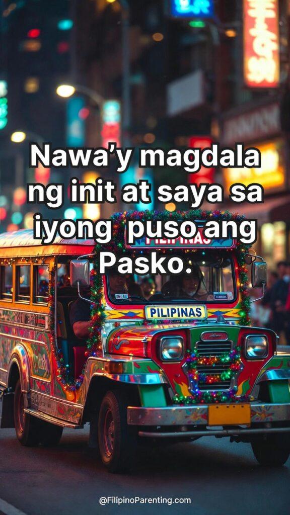 Maligayang Pasko Greetings: 50 Heartfelt Tagalog Ways to Say Merry Christmas Vibrant Filipino Jeepney decorated with Christmas lights and tinsel for Maligayang Pasko greetings and urban holiday traditions in the Philippines.