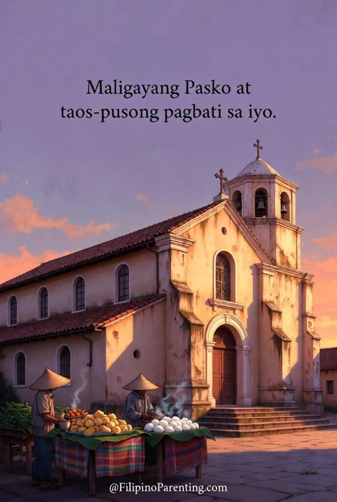 Maligayang Pasko Greetings: 50 Heartfelt Tagalog Ways to Say Merry Christmas Traditional Filipino Simbang Gabi scene with a Spanish-style church and street vendors selling bibingka and puto bumbong for Maligayang Pasko greetings.