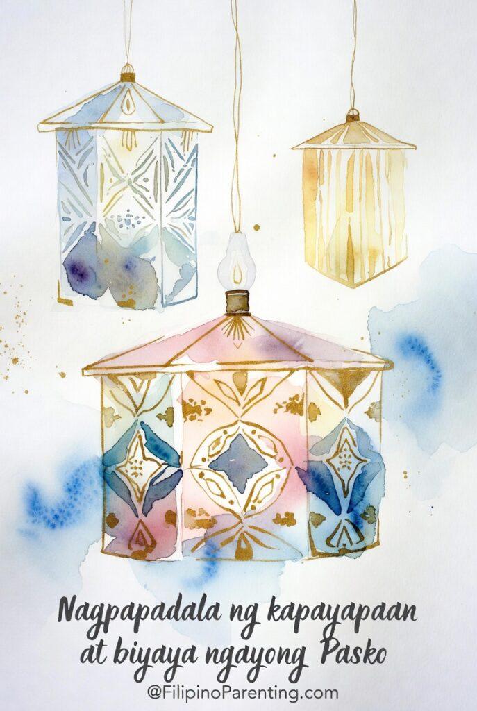 Maligayang Pasko Greetings: 50 Heartfelt Tagalog Ways to Say Merry Christmas Artistic watercolor Filipino lanterns and Christmas parol illustration for Maligayang Pasko greetings and peaceful holiday blessings.