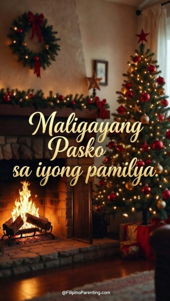 Maligayang Pasko Greetings: 50 Heartfelt Tagalog Ways to Say Merry Christmas Festive indoor Christmas tree and glowing fireplace scene for Maligayang Pasko greetings and warm Filipino family holiday traditions at home.