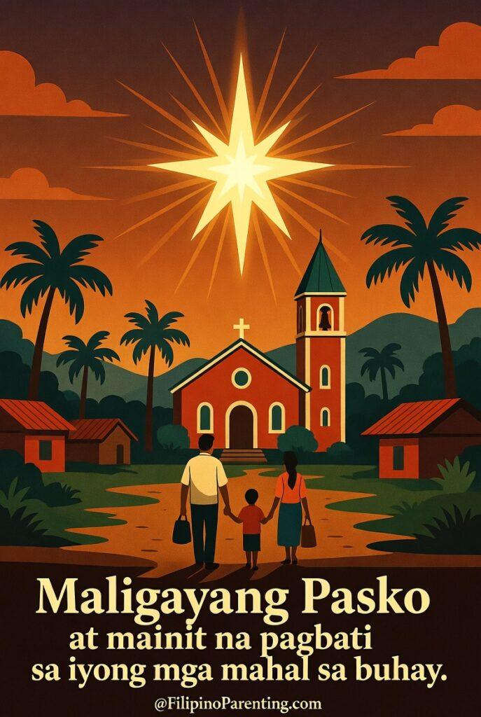 Maligayang Pasko Greetings: 50 Heartfelt Tagalog Ways to Say Merry Christmas Illustration of a Filipino family walking toward a church under a bright Christmas star for Maligayang Pasko greetings and traditional holiday wishes.