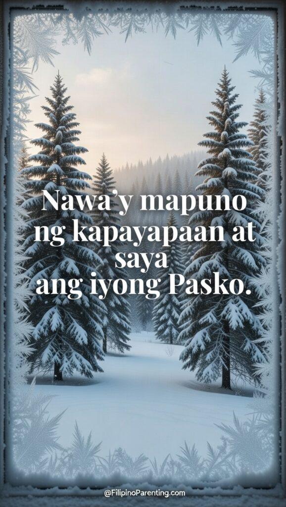 Maligayang Pasko Greetings: 50 Heartfelt Tagalog Ways to Say Merry Christmas Serene snow-covered pine forest background for Maligayang Pasko greetings and spiritual Tagalog Christmas wishes for peace and joy.