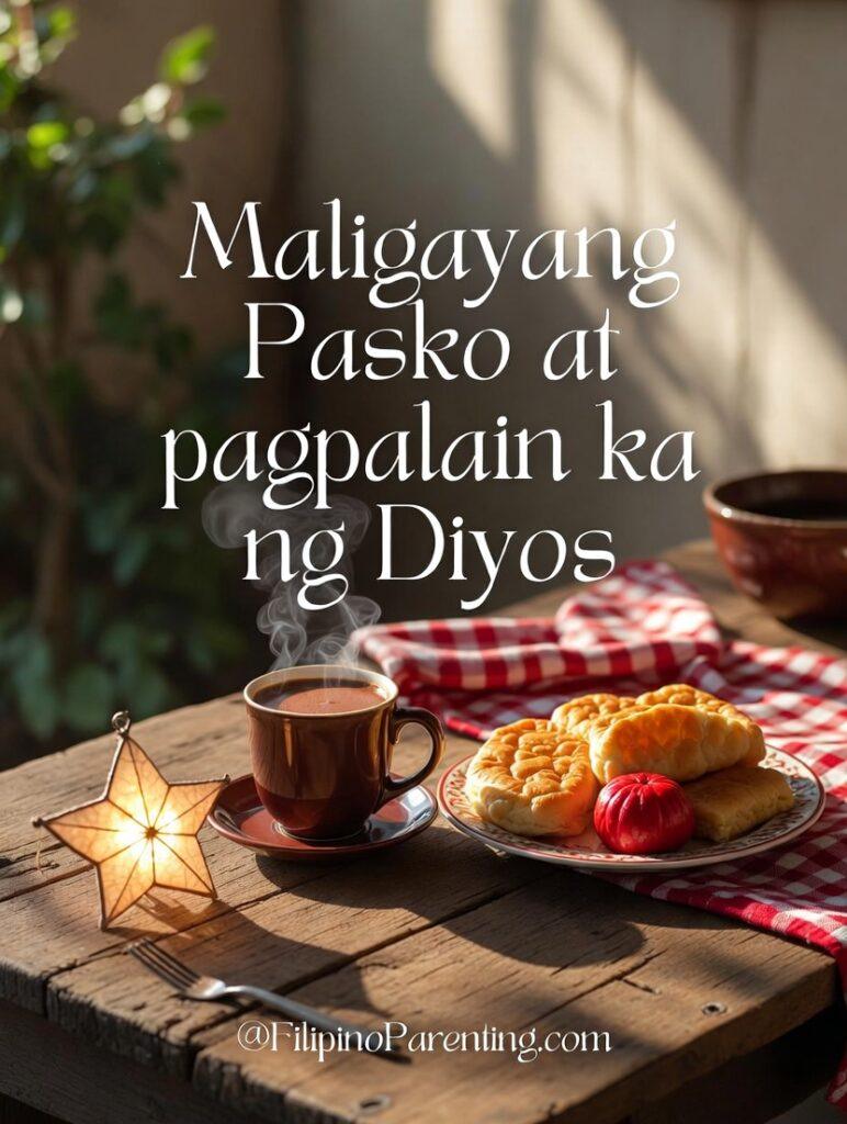 Maligayang Pasko Greetings: 50 Heartfelt Tagalog Ways to Say Merry Christmas Traditional Filipino Christmas breakfast with chocolate batirol and parol lantern for Maligayang Pasko greetings and religious Paskong Pinoy traditions.