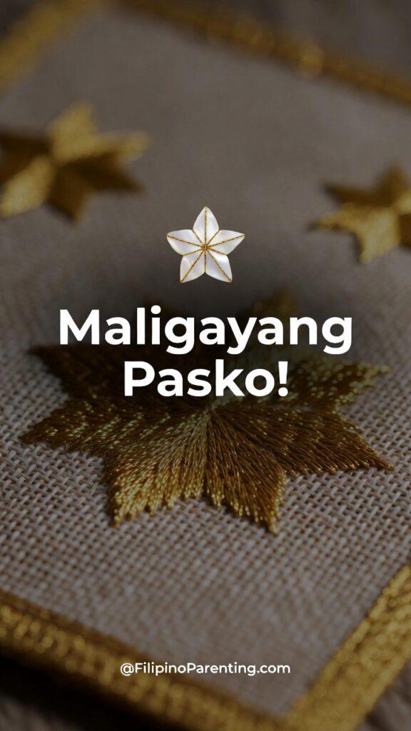 Maligayang Pasko Greetings: 50 Heartfelt Tagalog Ways to Say Merry Christmas Elegant Maligayang Pasko greetings card featuring a white star icon and gold star embroidery on traditional Filipino Piña fabric.