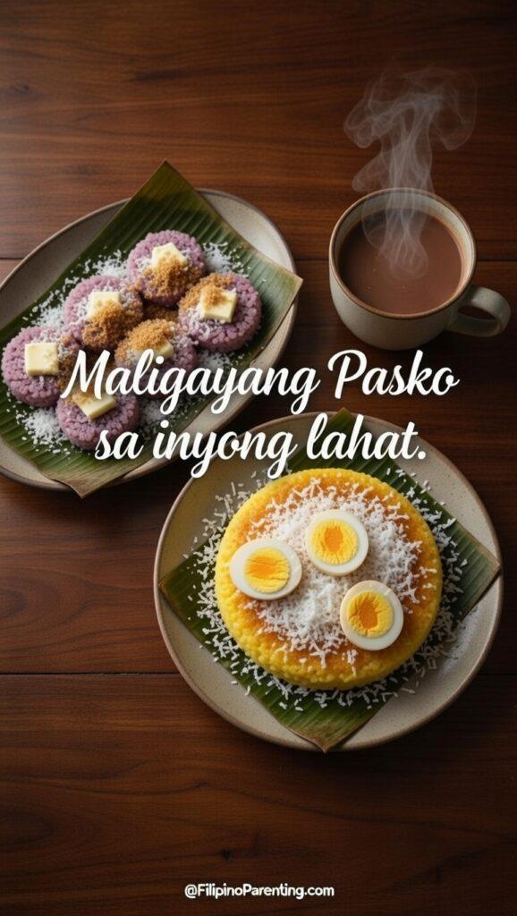 Maligayang Pasko Greetings: 50 Heartfelt Tagalog Ways to Say Merry Christmas Traditional Filipino Christmas morning breakfast with coffee and parol lantern for Maligayang Pasko greetings and religious Paskong Pinoy traditions.