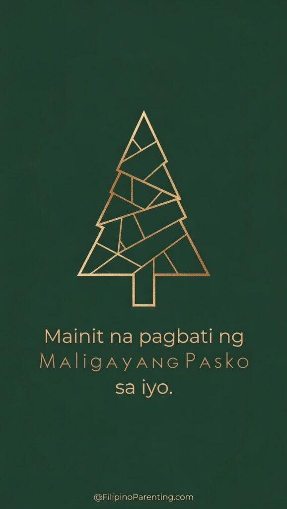 Maligayang Pasko Greetings: 50 Heartfelt Tagalog Ways to Say Merry Christmas Minimalist gold geometric Christmas tree on a dark green background for Maligayang Pasko greetings and modern Filipino holiday wishes.