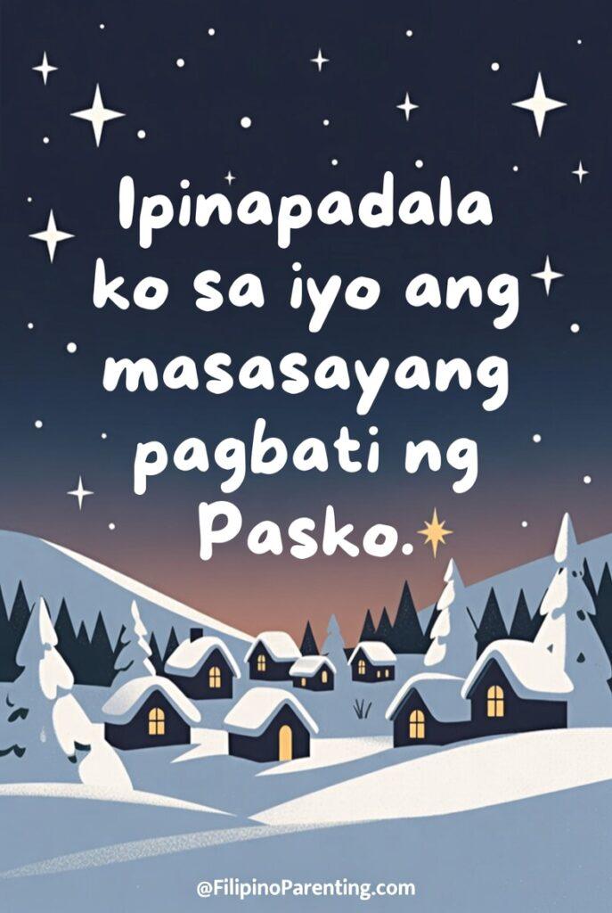 Maligayang Pasko Greetings: 50 Heartfelt Tagalog Ways to Say Merry Christmas Snowy winter village under a starry night sky for Maligayang Pasko greetings and heartfelt Tagalog Christmas wishes.