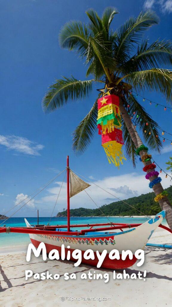 Maligayang Pasko Greetings: 50 Heartfelt Tagalog Ways to Say Merry Christmas Tropical Maligayang Pasko greetings card featuring a Filipino Bangka boat and a Parol lantern on a white-sand beach for island-style holiday traditions.