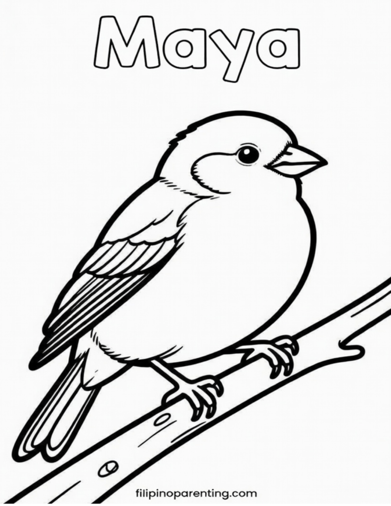 16 Free Philippine Bird (Ibon) Coloring Pages: Ultimate Heritage Guide Printable Maya (Eurasian Tree Sparrow) Tagalog vocabulary coloring page for families and language learners.