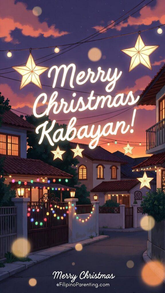 Maligayang Pasko Greetings: 50 Heartfelt Tagalog Ways to Say Merry Christmas Illustration of a Filipino neighborhood at dusk with glowing star parols and string lights for Maligayang Pasko greetings and festive Kabayan holiday wishes.