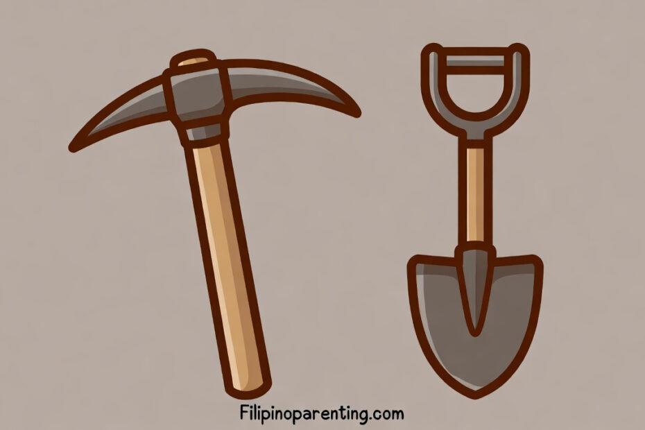 Minecraft Tagalog words: A stylized vector illustration of a pixelated blue diamond and a brown pickaxe (picos) on a blocky background.