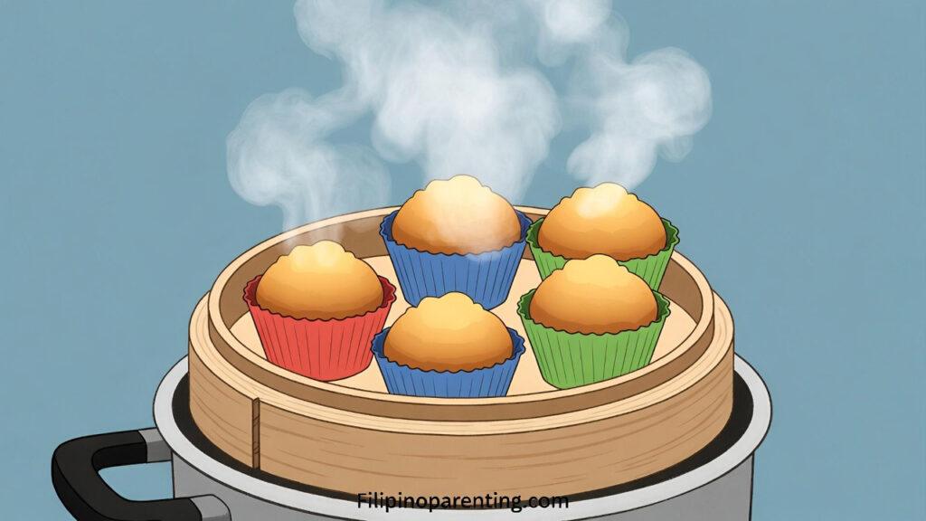 12 Soft & Moist Steamed Banana Cupcakes (No Oven Needed) – Easy Pinoy Merienda Recipe for Busy Families Soft steamed banana cupcakes in colorful silicone liners being cooked in a bamboo steamer basket with steam rising.