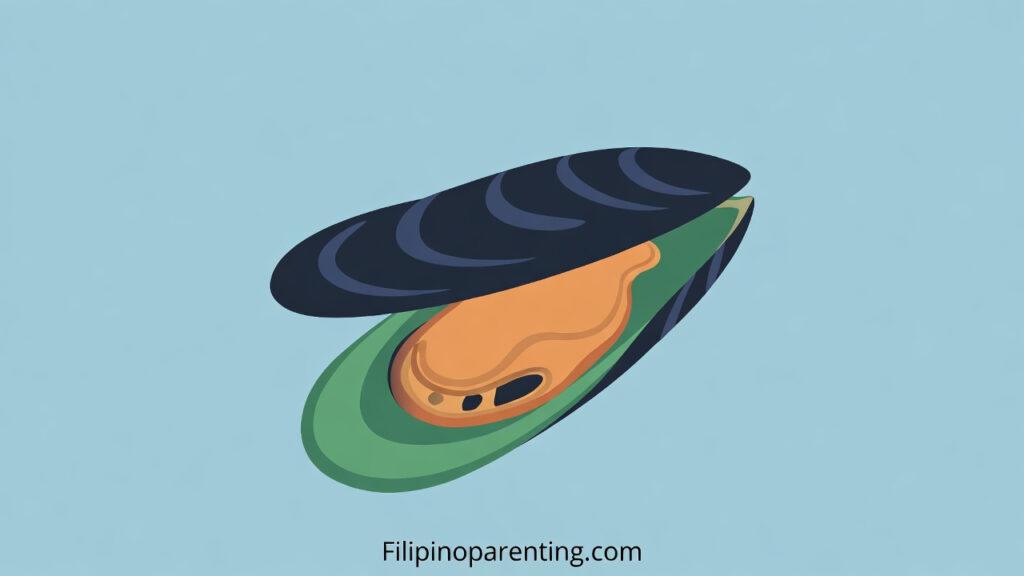 Mussel in Tagalog (Tahong): Master 12 Delicious Example Sentences for Amazing Mussel Recipes Simple flat color illustration of a Mussel in Tagalog known as tahong.