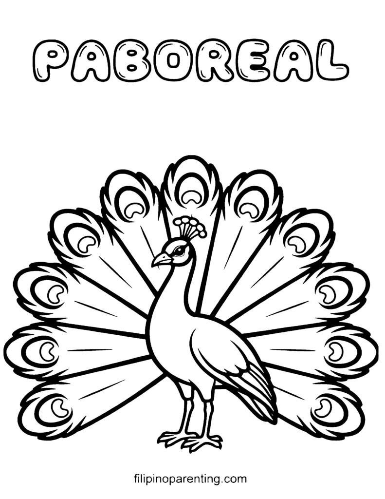 16 Free Philippine Bird (Ibon) Coloring Pages: Ultimate Heritage Guide Printable Paboreal (Peacock) Tagalog vocabulary coloring page for families and language learners.