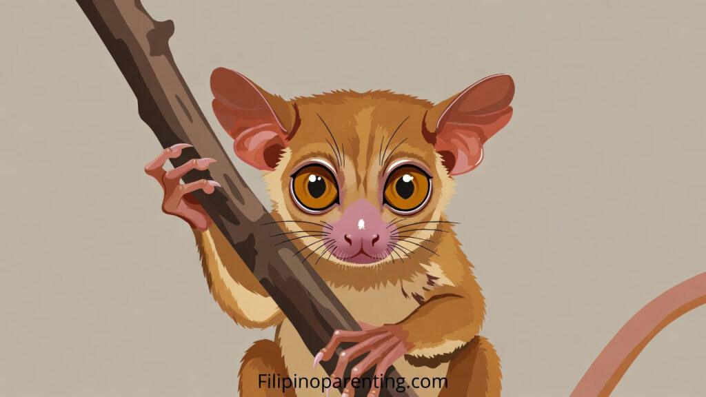 15 Remarkable Philippine Animals: A Fascinating Guide for Families Illustration of a Philippine tarsier, a unique species among endemic Philippine animals, clinging to a tree branch.