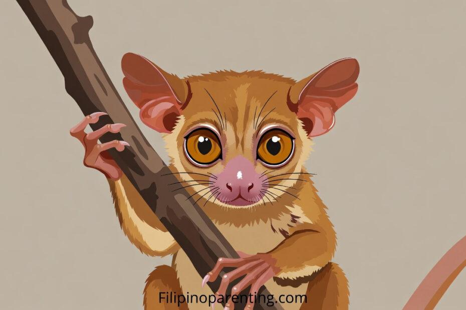 Illustration of a Philippine tarsier, a unique species among endemic Philippine animals, clinging to a tree branch.