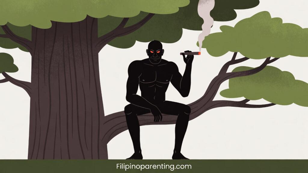 Philippine Mythical Creatures: 10 Fascinating Beings from Filipino Folklore Philippine Mythical Creatures: A stylized vector illustration of a Kapre, a giant tree-dwelling creature with glowing red eyes smoking a large cigar on a branch.
