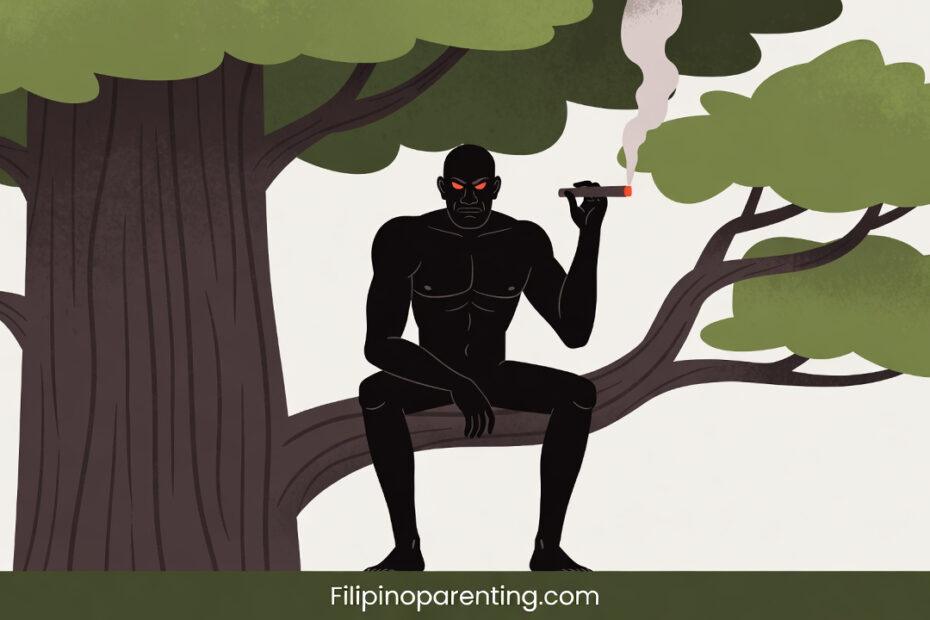 Philippine Mythical Creatures: A stylized vector illustration of a Kapre, a giant tree-dwelling creature with glowing red eyes smoking a large cigar on a branch.