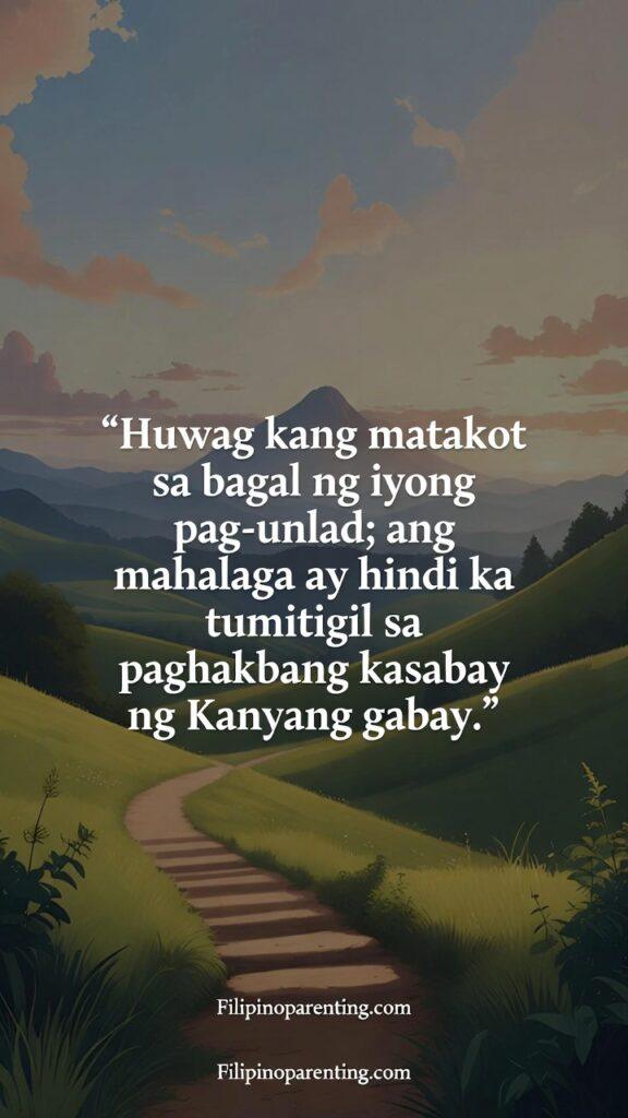 Pinoy Tagalog Quotes Trusting the Journey Faith: 5 Sacred Truths A serene sunrise path symbolizing slow but steady progress with a Tagalog quote about trusting God’s guidance.