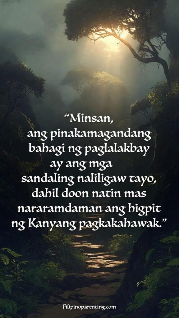 Pinoy Tagalog Quotes Trusting the Journey Faith: 5 Sacred Truths A misty trail with divine light symbolizing God’s guidance during moments of feeling lost.