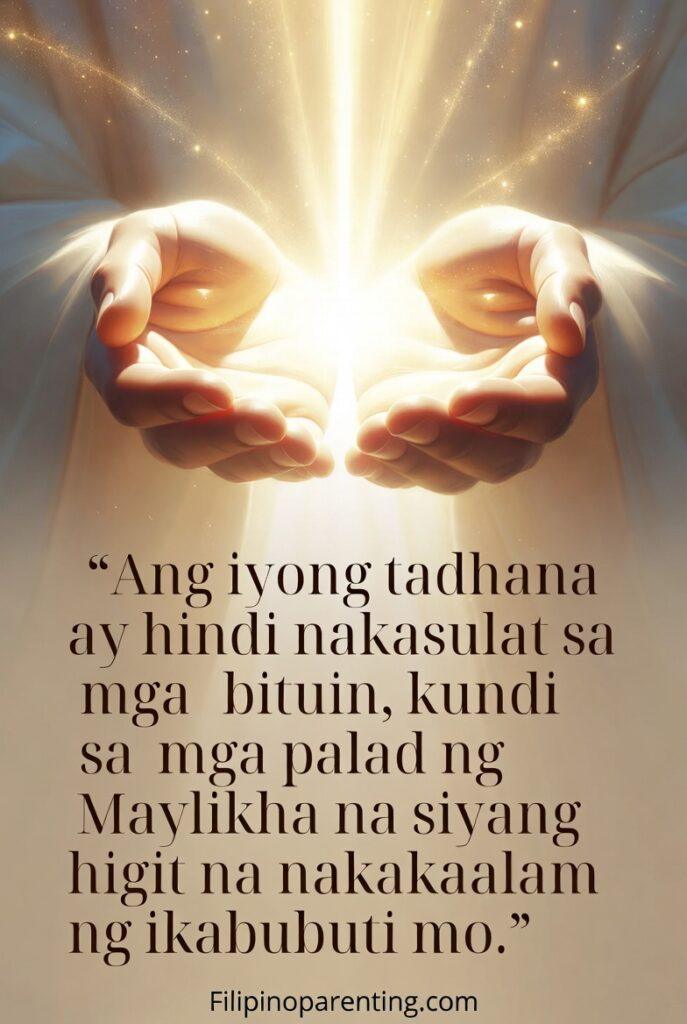 Pinoy Tagalog Quotes Trusting the Journey Faith: 5 Sacred Truths Glowing symbolic hands representing God holding one’s destiny, with a Tagalog quote.