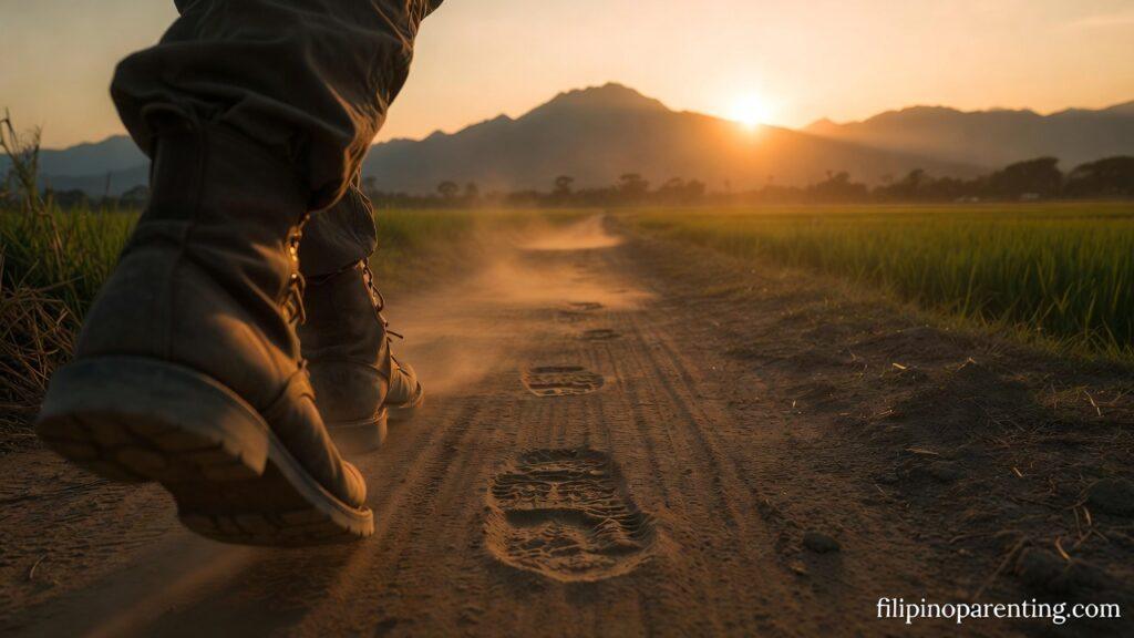 Pinoy Tagalog Quotes Trusting the Journey Faith: 5 Sacred Truths Boots walking on a golden road representing Pinoy Tagalog Quotes Trusting the Journey Faith.