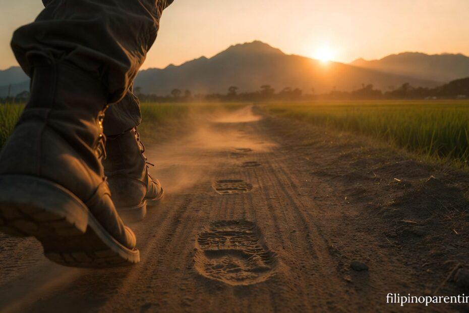 Boots walking on a golden road representing Pinoy Tagalog Quotes Trusting the Journey Faith.