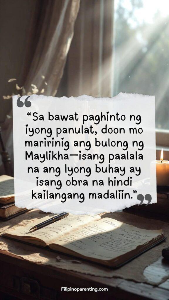Poetic Tagalog Quotes Tula ng Buhay Reflection: 5 Enchanting Truths A peaceful vertical image of a writing desk with warm light, featuring a Tagalog quote about divine guidance.
