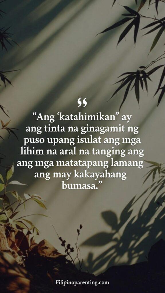 Poetic Tagalog Quotes Tula ng Buhay Reflection: 5 Enchanting Truths A minimalist vertical image with soft tones and ink‑inspired visuals displaying a Tagalog quote about stillness.