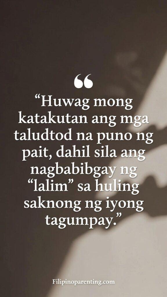 Poetic Tagalog Quotes Tula ng Buhay Reflection: 5 Enchanting Truths A deep, reflective vertical image with dark‑to‑light tones showing a Tagalog quote about pain giving depth to victory.