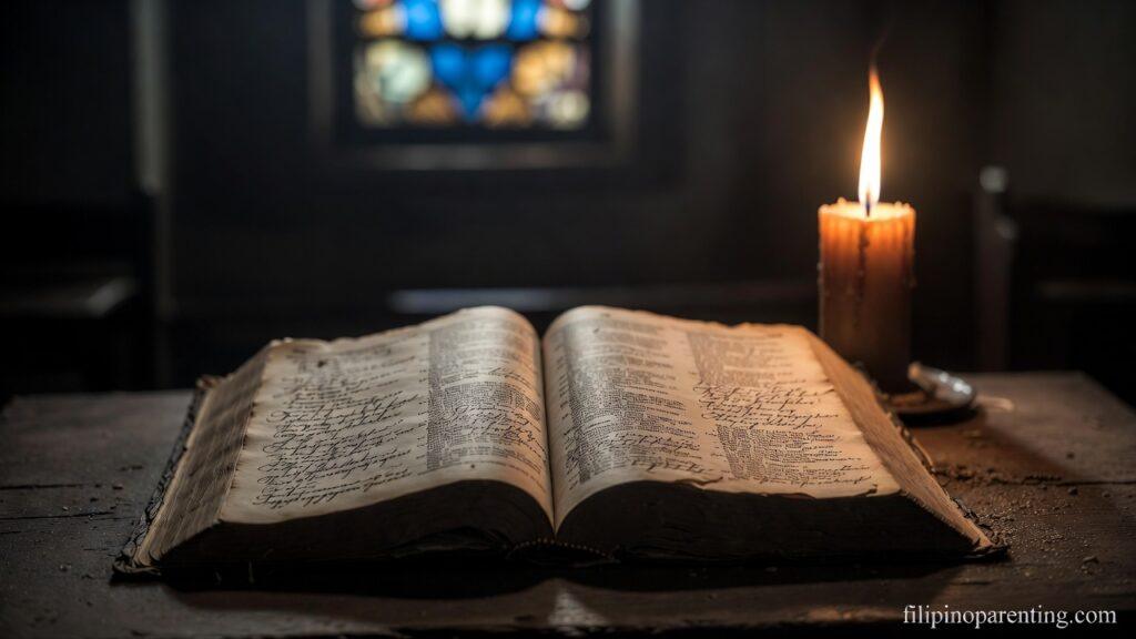 Powerful Tagalog Quotes Spiritual Strength Boost: 5 Unstoppable Truths An open Bible and candle representing Powerful Tagalog Quotes Spiritual Strength Boost.