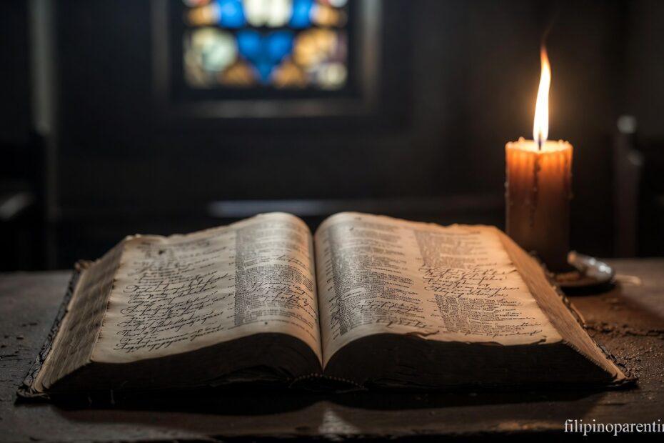An open Bible and candle representing Powerful Tagalog Quotes Spiritual Strength Boost.