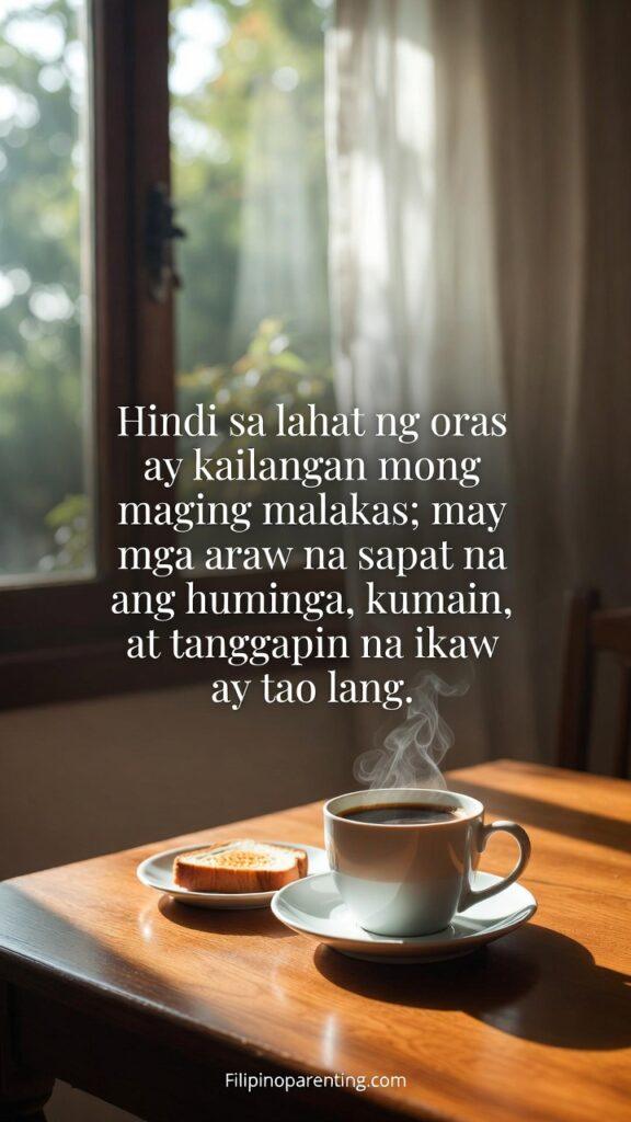 Relatable Tagalog Quotes for Everyday Life Emotions: 5 Powerful Truths A warm cup of coffee and a small plate of toasted bread on a wooden table near a window with soft, natural sunlight.