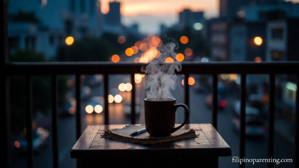 Relatable Tagalog Quotes for Everyday Life Emotions: 5 Powerful Truths A coffee mug and journal overlooking city lights representing Relatable Tagalog Quotes for Everyday Life Emotions.