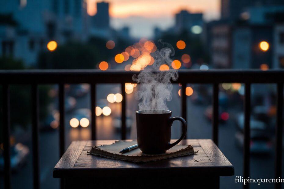 A coffee mug and journal overlooking city lights representing Relatable Tagalog Quotes for Everyday Life Emotions.
