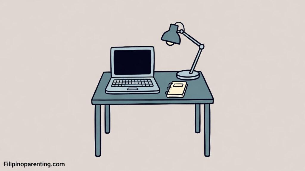 Remote Work in Tagalog: 15 Essential Words & Phrases for WFH Success Remote Work in Tagalog: A flat vector illustration of a home office desk featuring a laptop, a desk lamp, and a notebook.