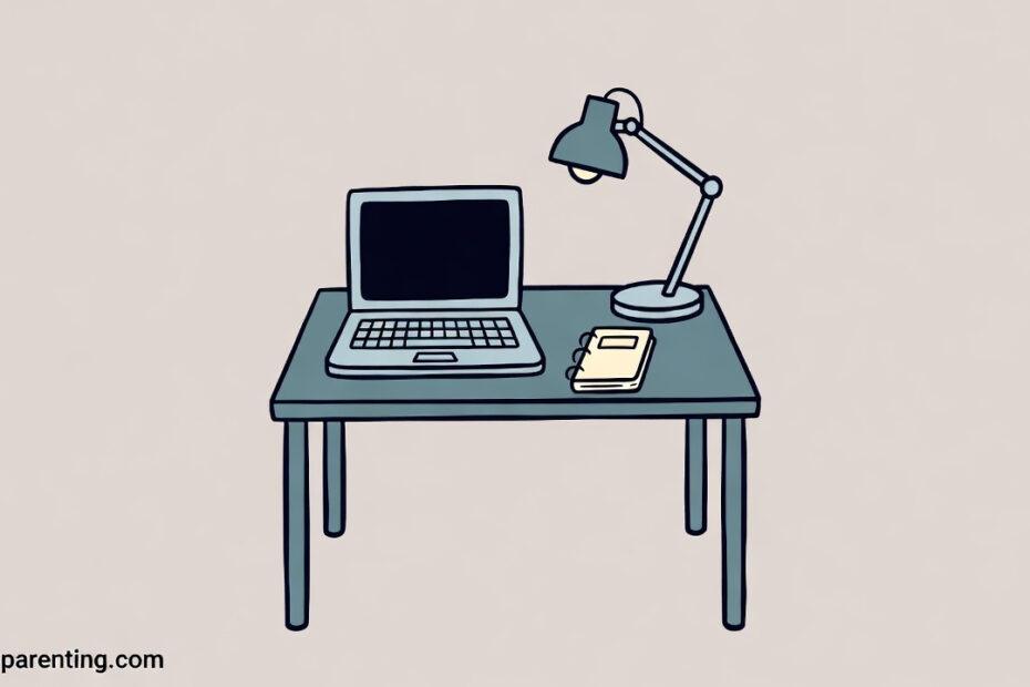 Remote Work in Tagalog: A flat vector illustration of a home office desk featuring a laptop, a desk lamp, and a notebook.
