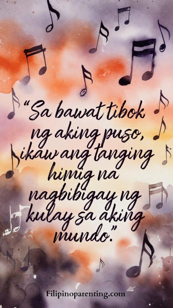 Romantic Tagalog Sayings Warm Heart Soul: 5 Enchanting Expressions A romantic digital art piece featuring Tagalog text over a vibrant, colorful sunset background with musical motifs.