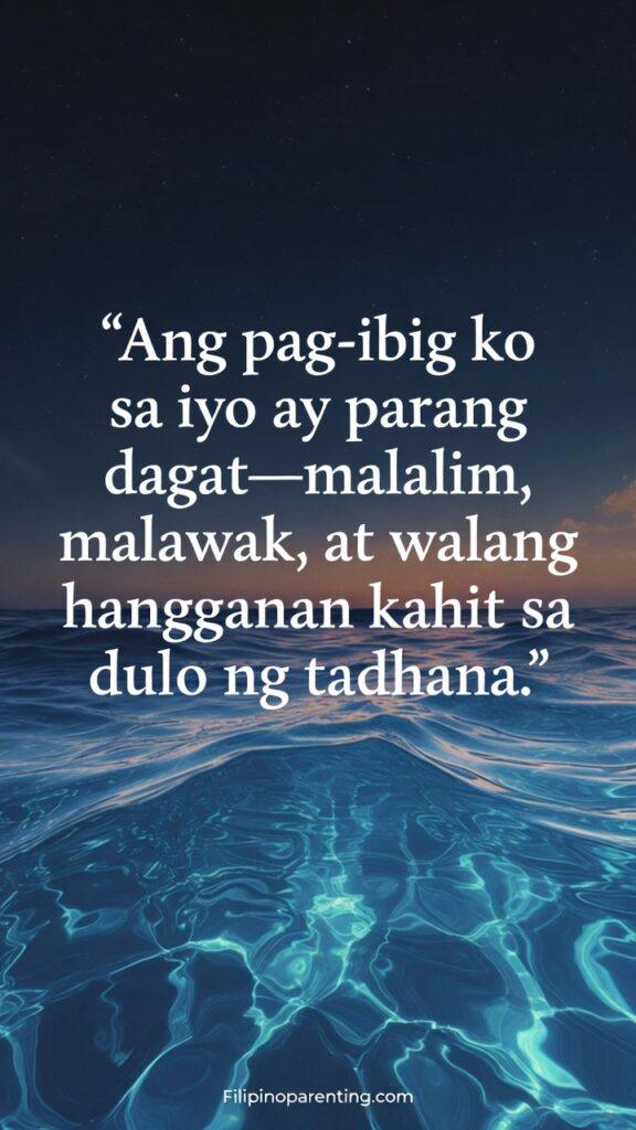 Romantic Tagalog Sayings Warm Heart Soul: 5 Enchanting Expressions A wide-angle shot of the ocean at twilight with a deep Tagalog romantic quote about eternal love.