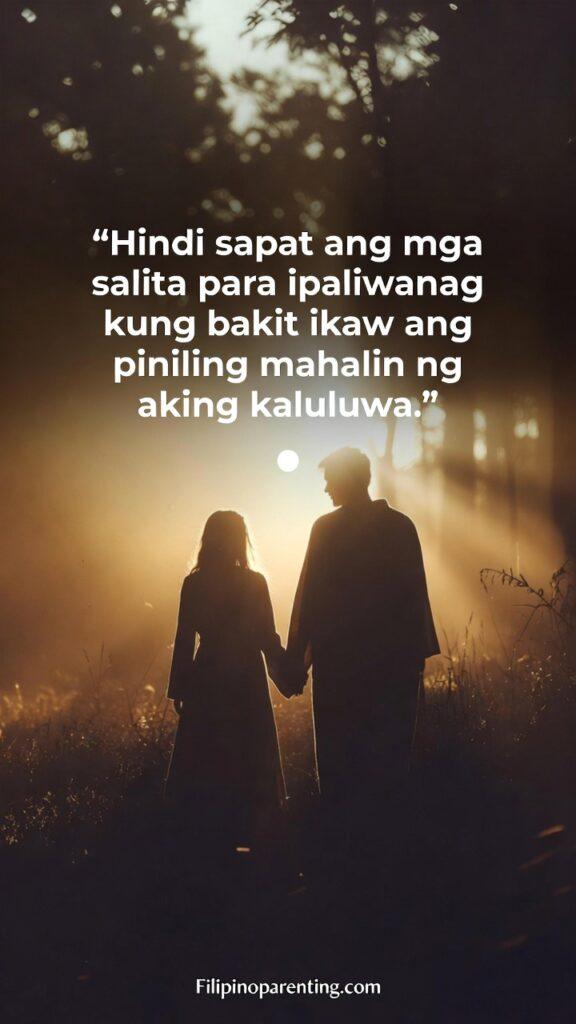 Romantic Tagalog Sayings Warm Heart Soul: 5 Enchanting Expressions Silhouetted couple in a golden forest with a Tagalog quote about the soul choosing its partner.