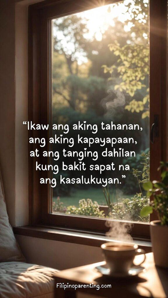 Romantic Tagalog Sayings Warm Heart Soul: 5 Enchanting Expressions A cozy home interior with sunlight and a Tagalog quote describing a partner as a home and peace.