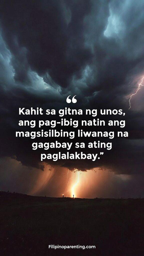 Romantic Tagalog Sayings Warm Heart Soul: 5 Enchanting Expressions A lantern shining through a storm with a Tagalog quote about love being a guiding light.
